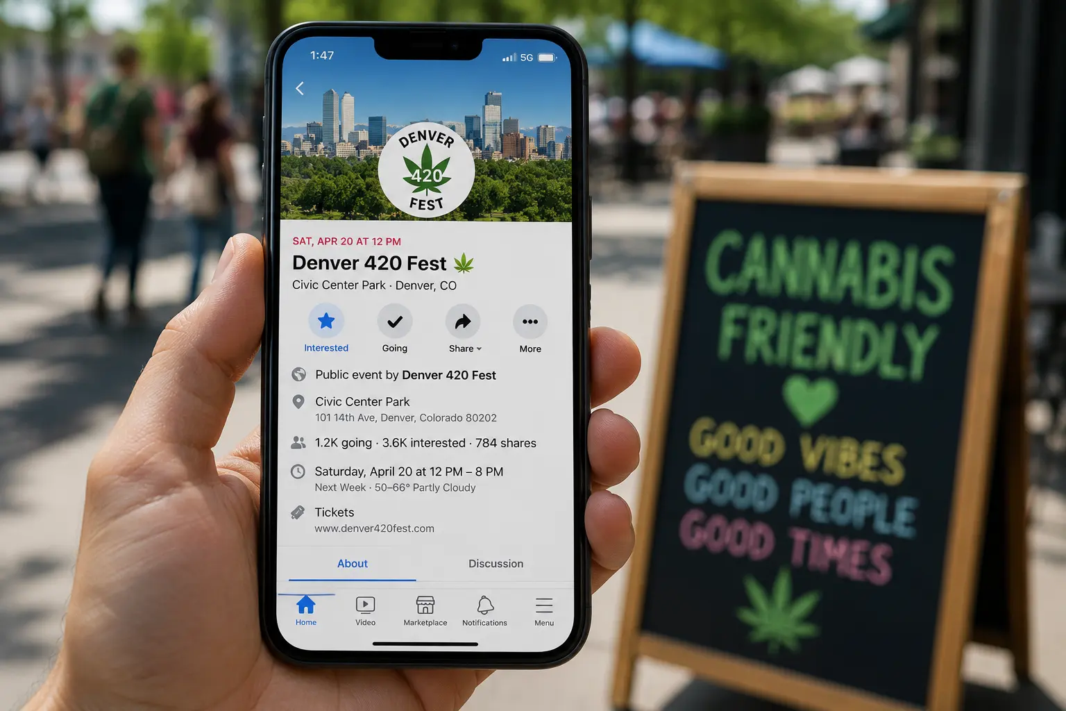 Phone showing a 420 festival event page beside a cannabis-friendly chalkboard sign